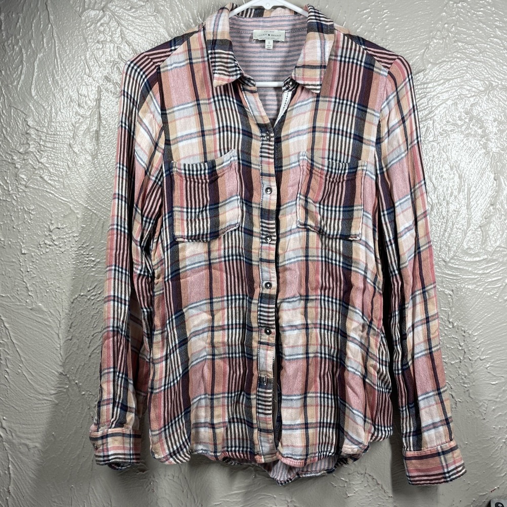 Lucky Brand Women's Pink Plaid Boyfriend Button Shirt Top Blouse Size Small